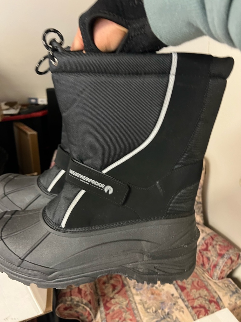 Weatherproof Black Boot with White Piping and Yellow Accent